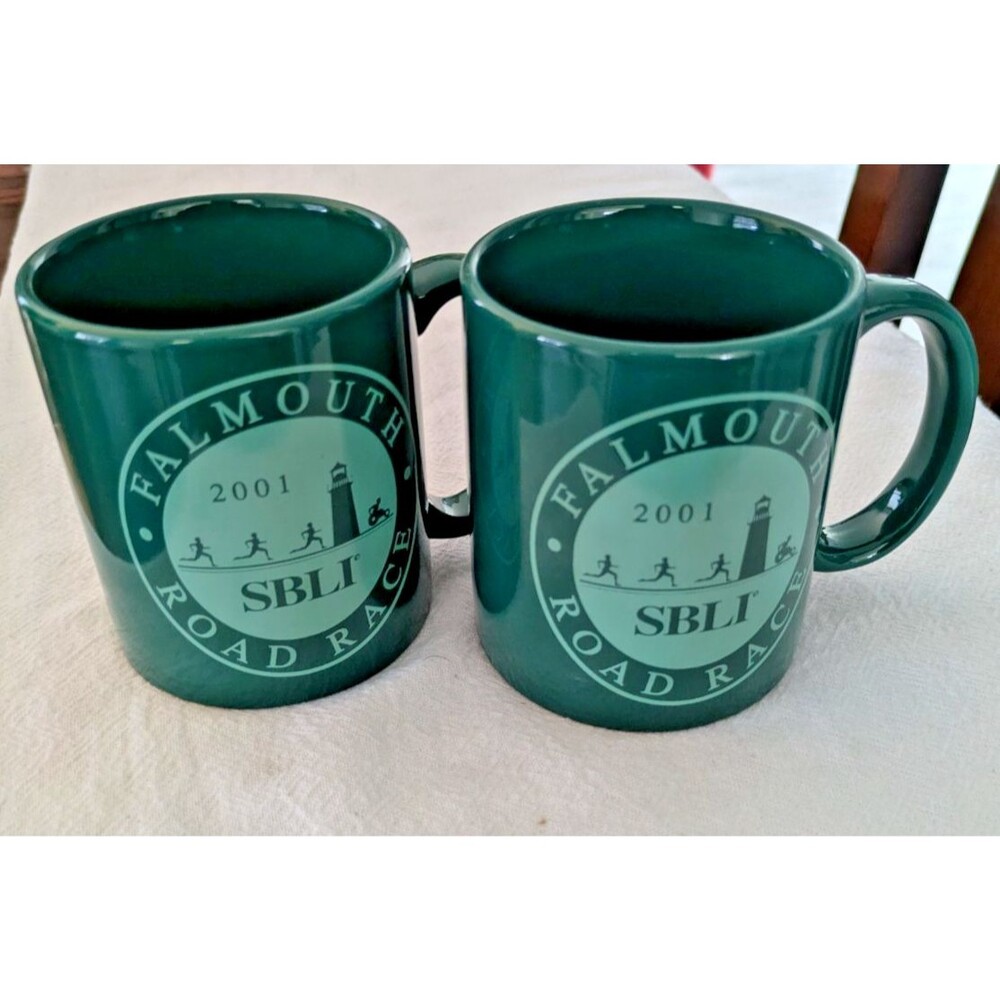 Vintage 2001 Falmouth Road Race Mugs Set of 2 SBLI Dark Green Coffee Cups